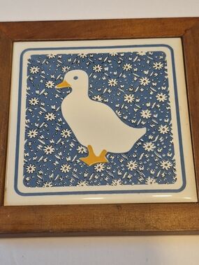 Vintage White Goose Ceramic Tile Wall Art - Blue Floral Background